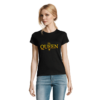 Czarny, damski t-shirt z nadrukiem QUEEN - zdjęcie modelki