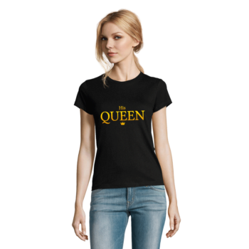 Czarny, damski t-shirt z nadrukiem QUEEN - zdjęcie modelki